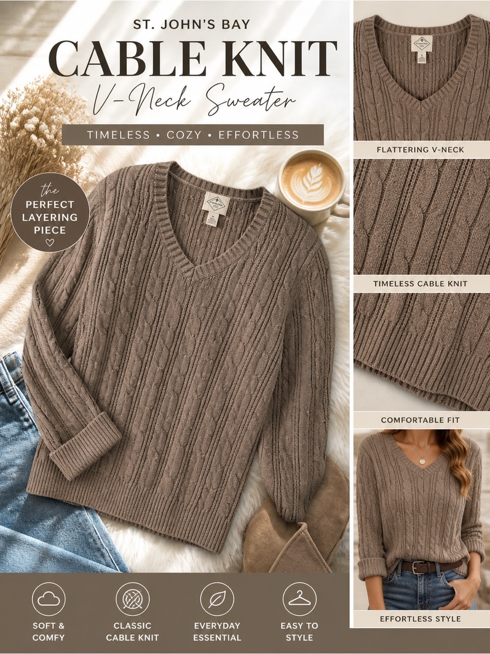 St. John’s Bay Taupe Cable Knit Sweater | V-Neck Cozy Classic | Size Medium - Picture 3 of 6